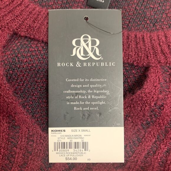 Rock & Republic Cutout Sweater Women XS Extra Small Maroon Lace Up Sleeve Chunky - Picture 12 of 14